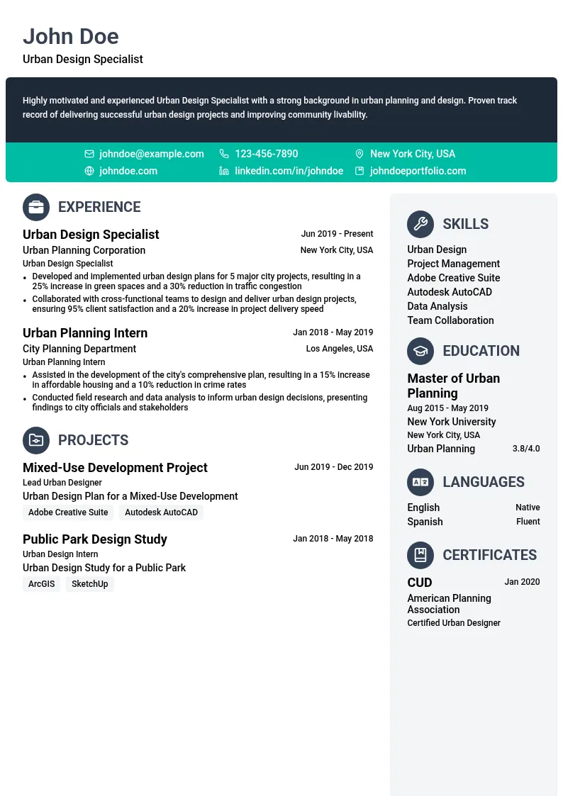 Urban Design Specialist resume example