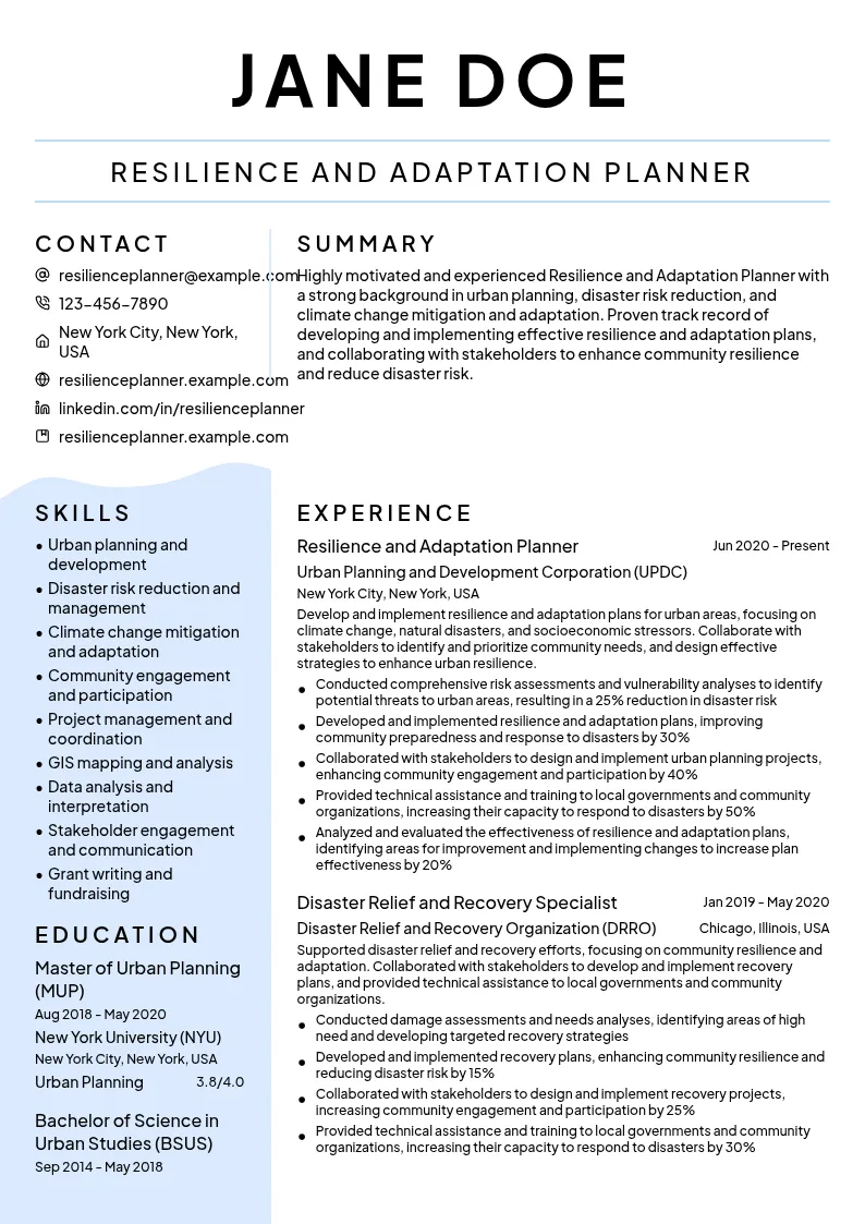 Resilience and Adaptation Planner resume example