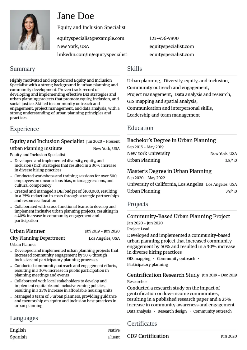Equity and Inclusion Specialist resume example