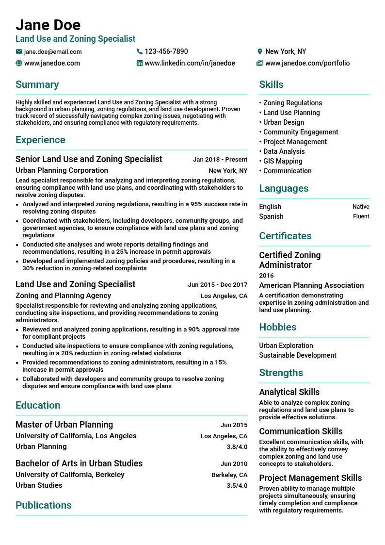 Land Use and Zoning Specialist resume example