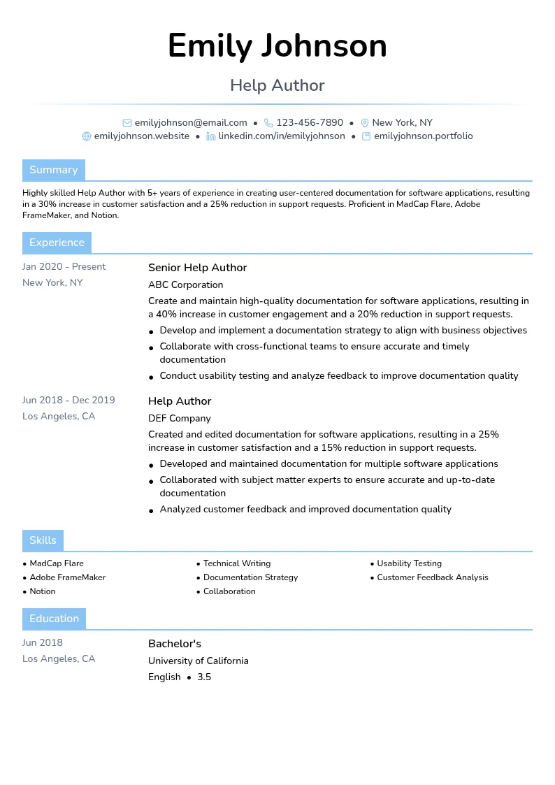 Help Author resume example