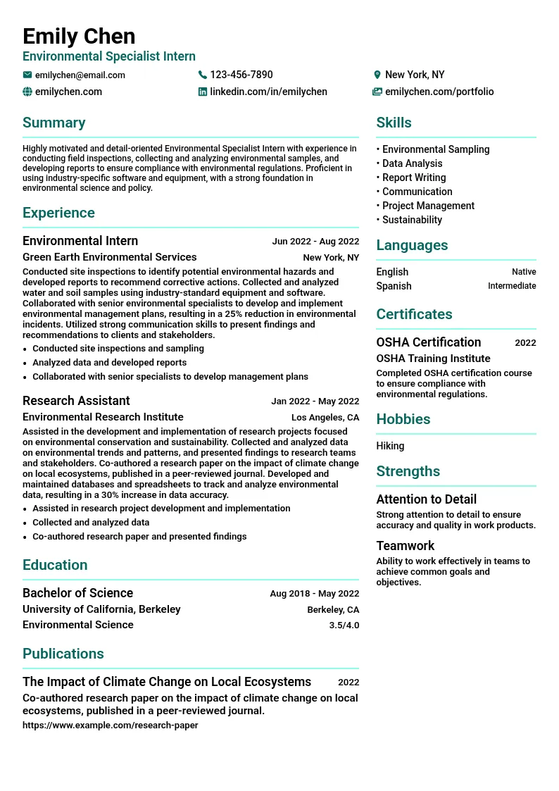 Environmental Specialist Intern resume example