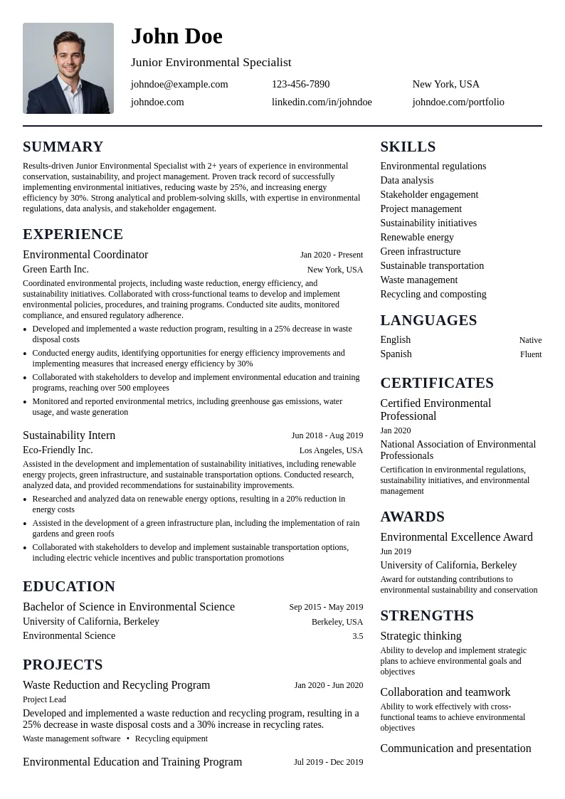 Junior Environmental Specialist resume example