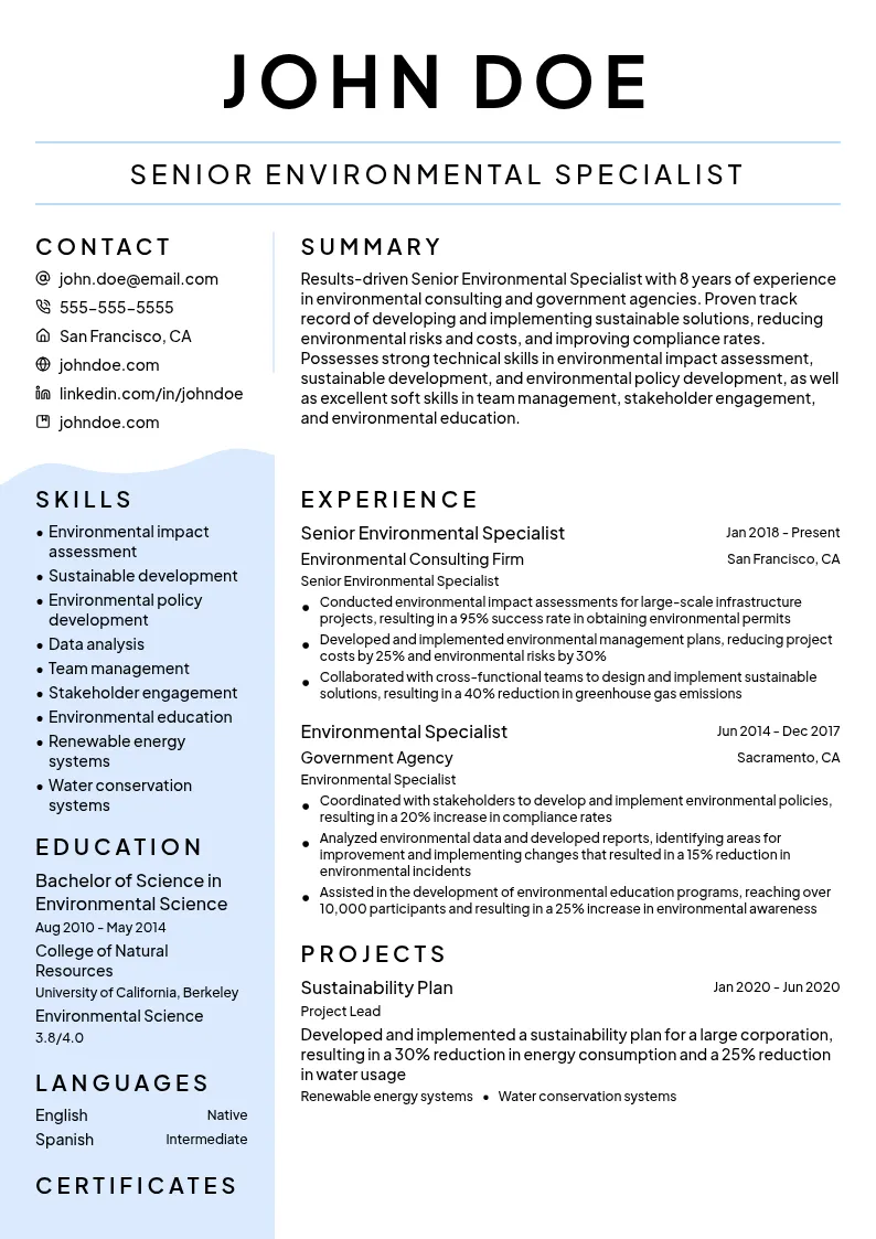 Senior Environmental Specialist resume example