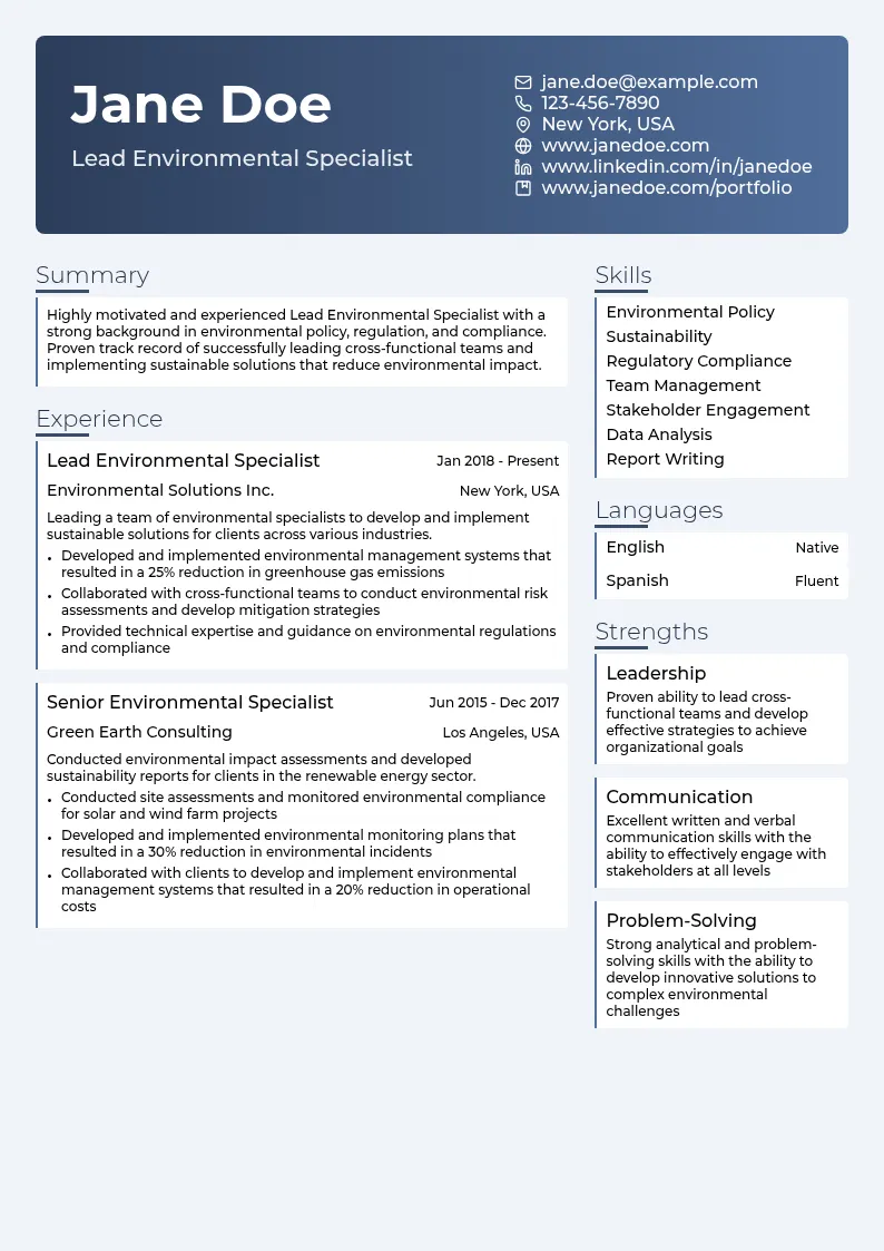 Lead Environmental Specialist resume example