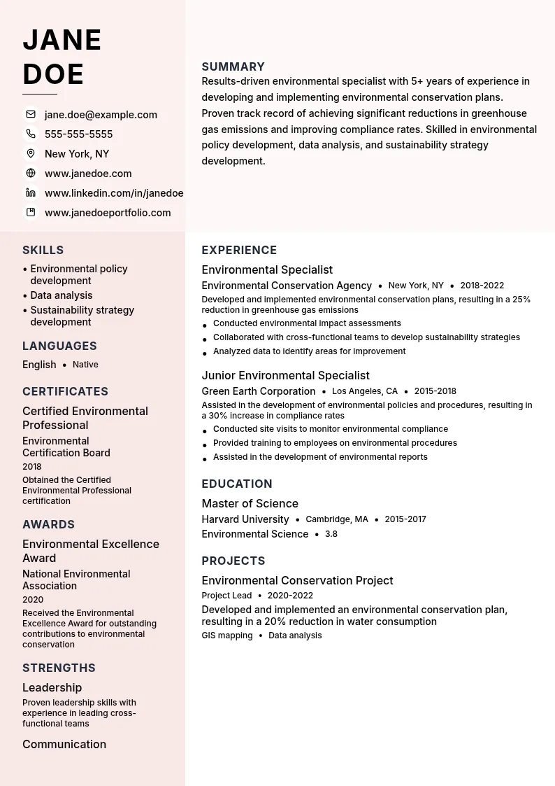 Assistant Manager - Environmental Specialist resume example
