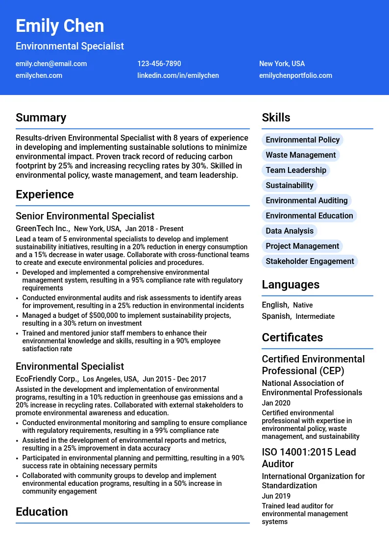 Manager - Environmental Specialist resume example