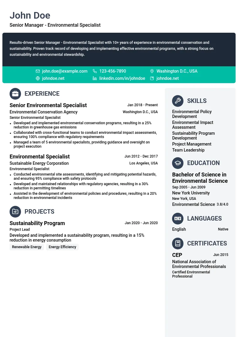 Senior Manager - Environmental Specialist resume example