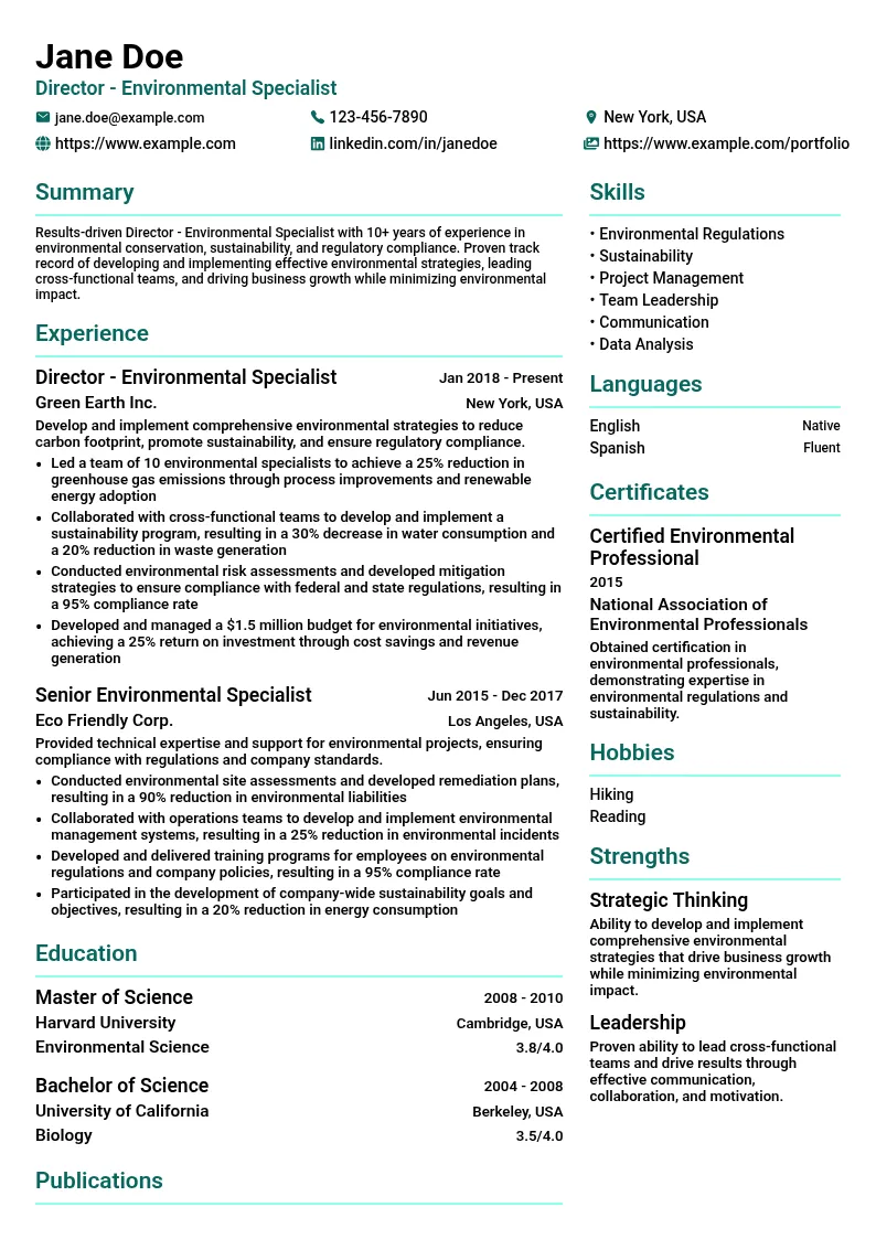 Director - Environmental Specialist resume example