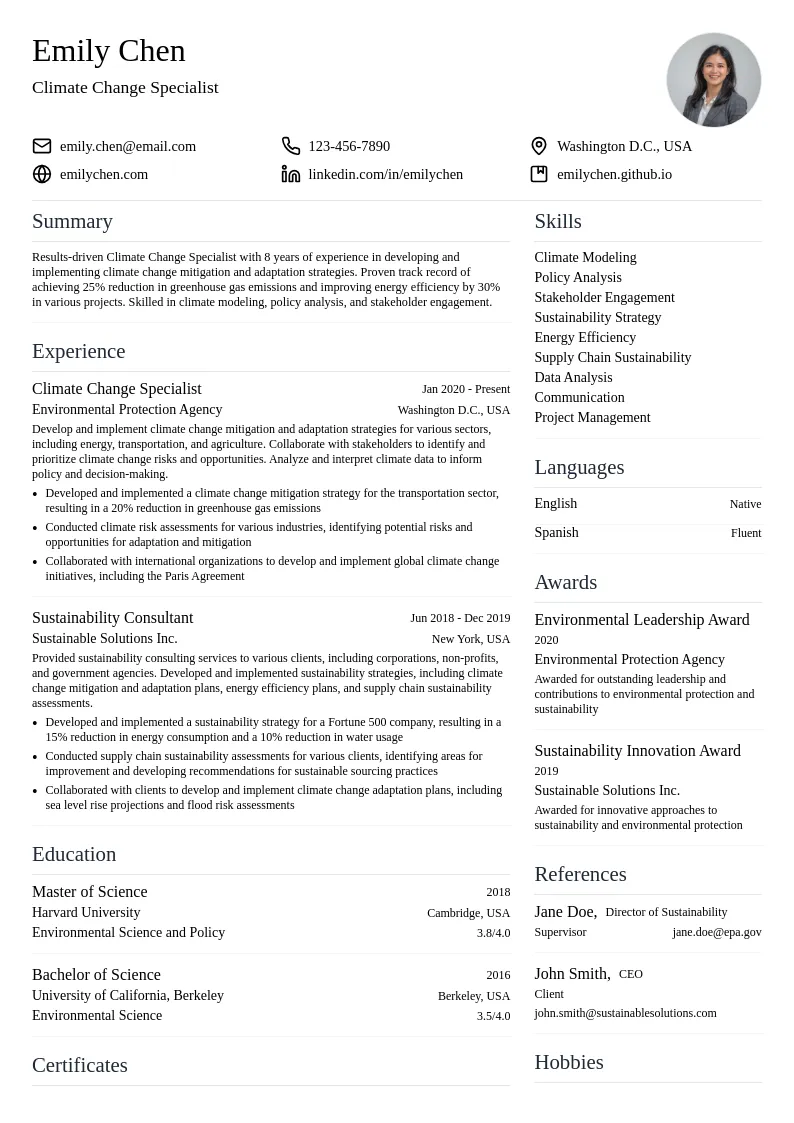 Climate Change Specialist resume example