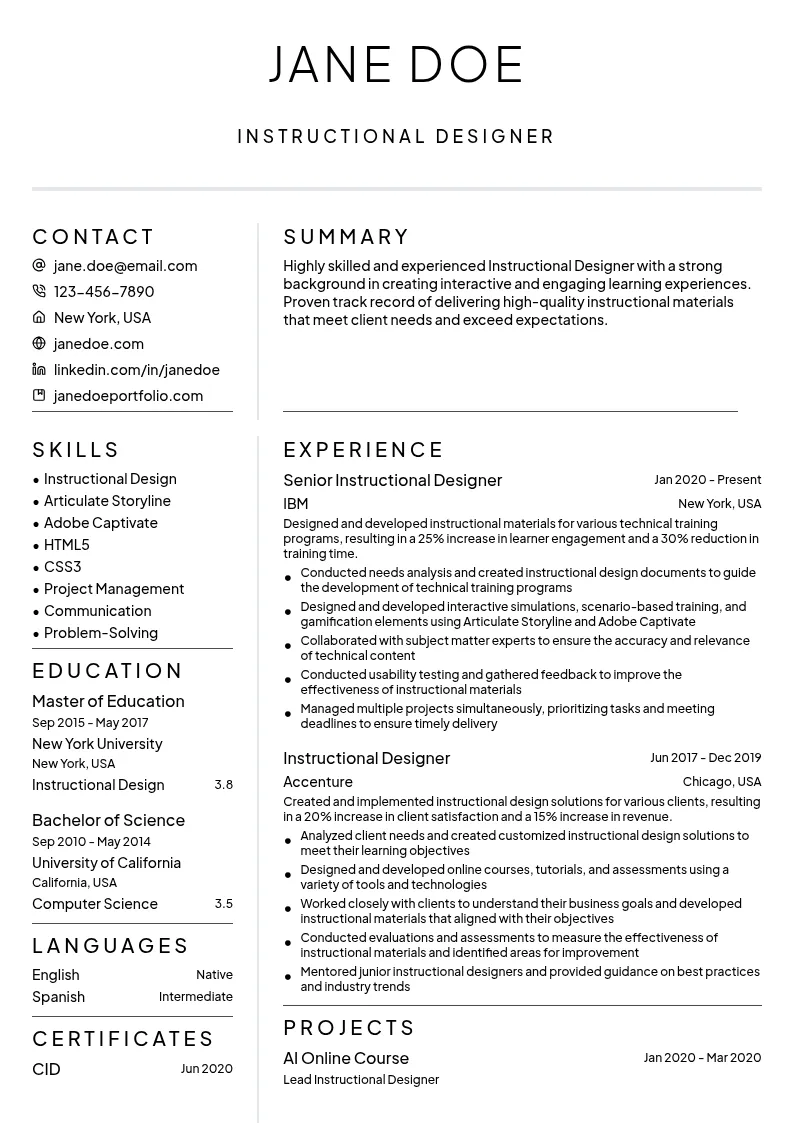 Instructional Designer resume example