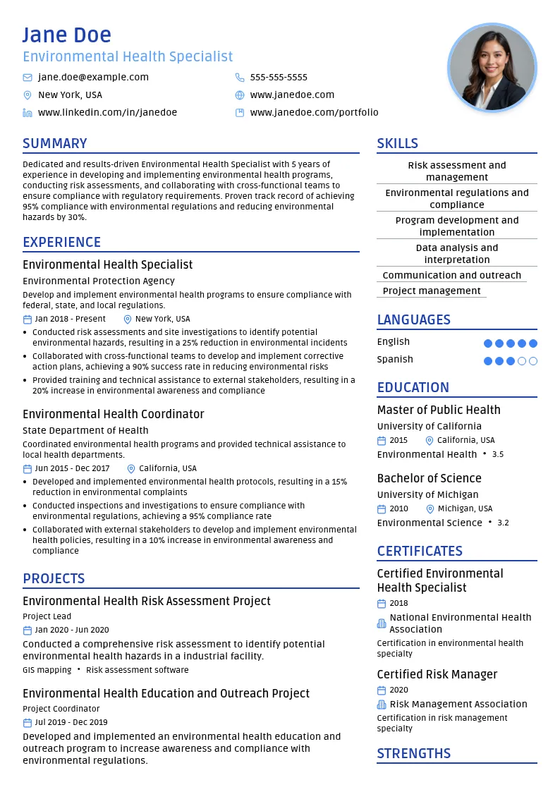 Environmental Health Specialist resume example