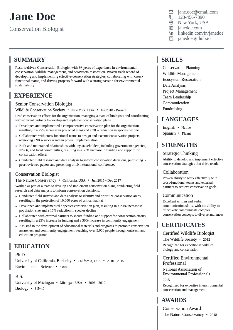 Conservation Biologist resume example