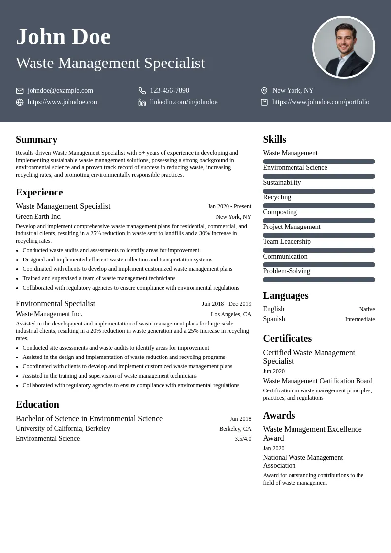 Waste Management Specialist resume example