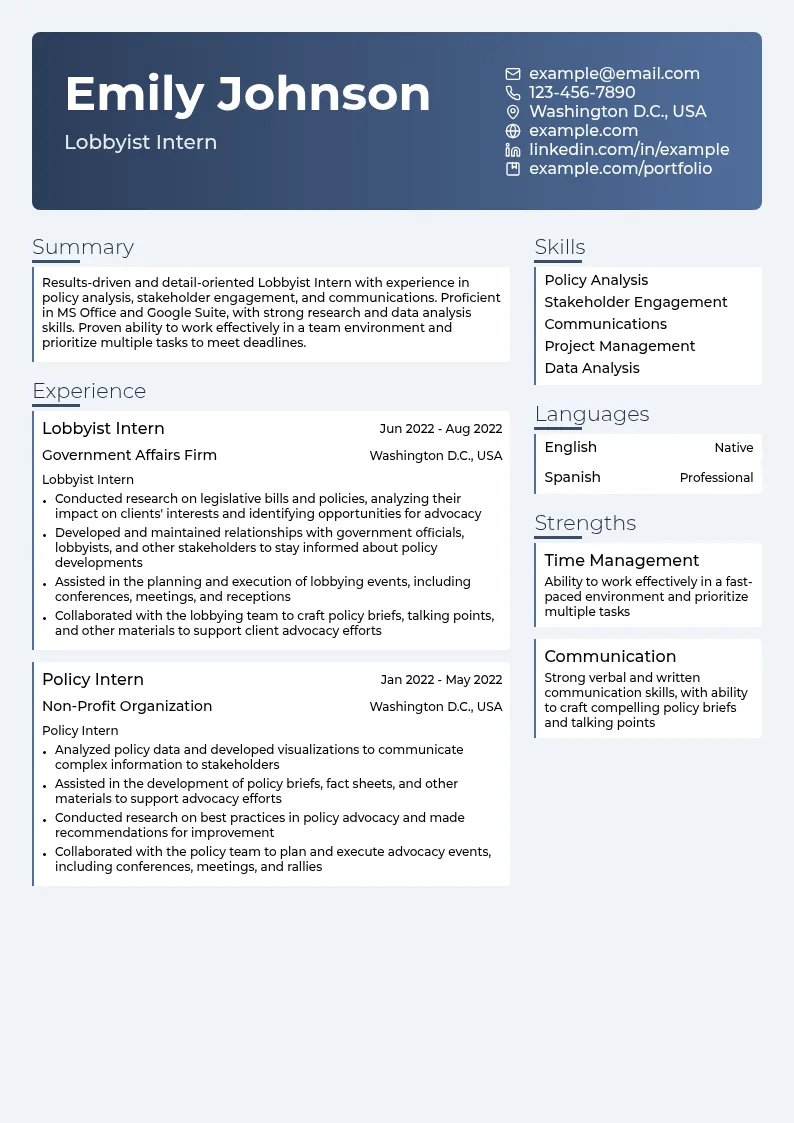 Lobbyist Intern resume example