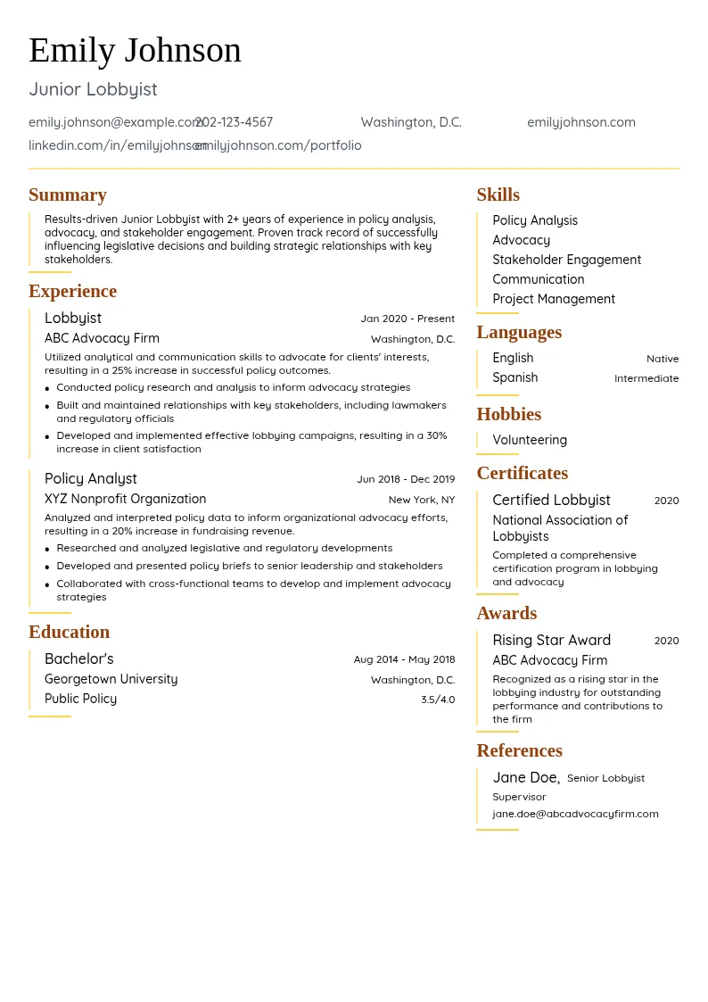 Junior Lobbyist resume example