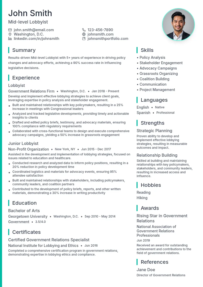 Mid-level Lobbyist resume example
