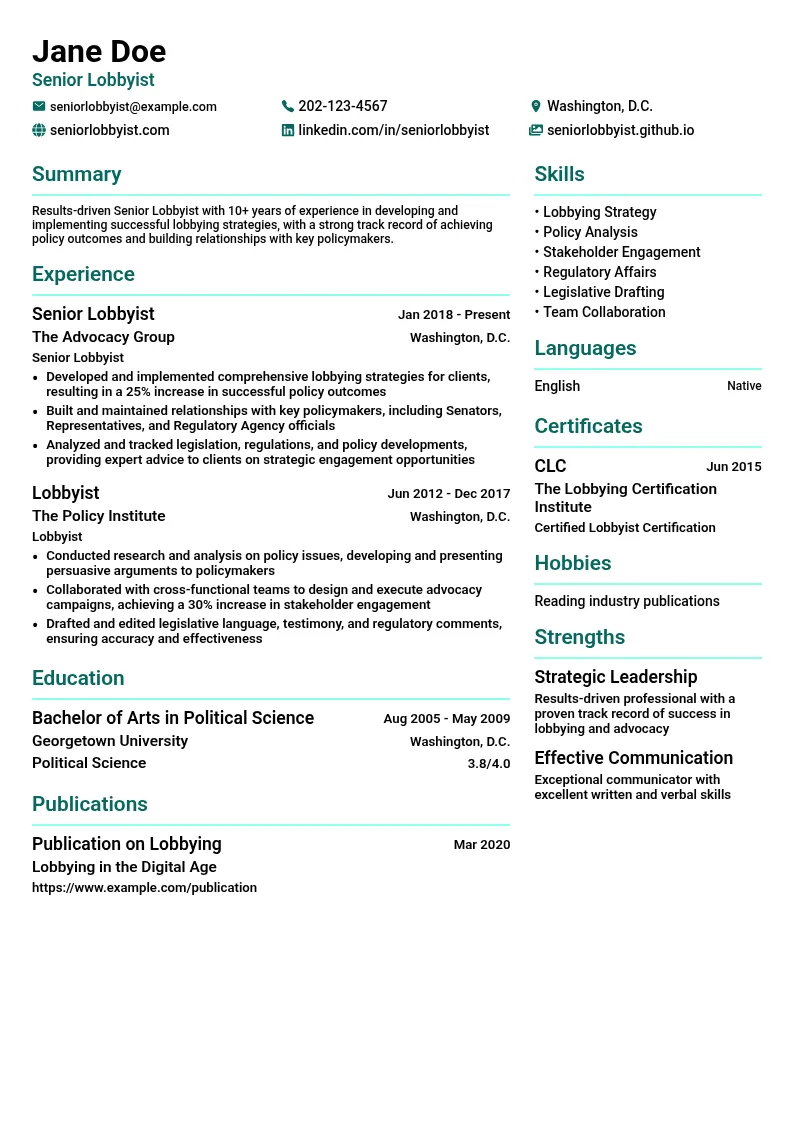 Senior Lobbyist resume example