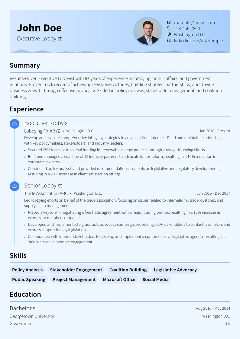 Executive Lobbyist resume example