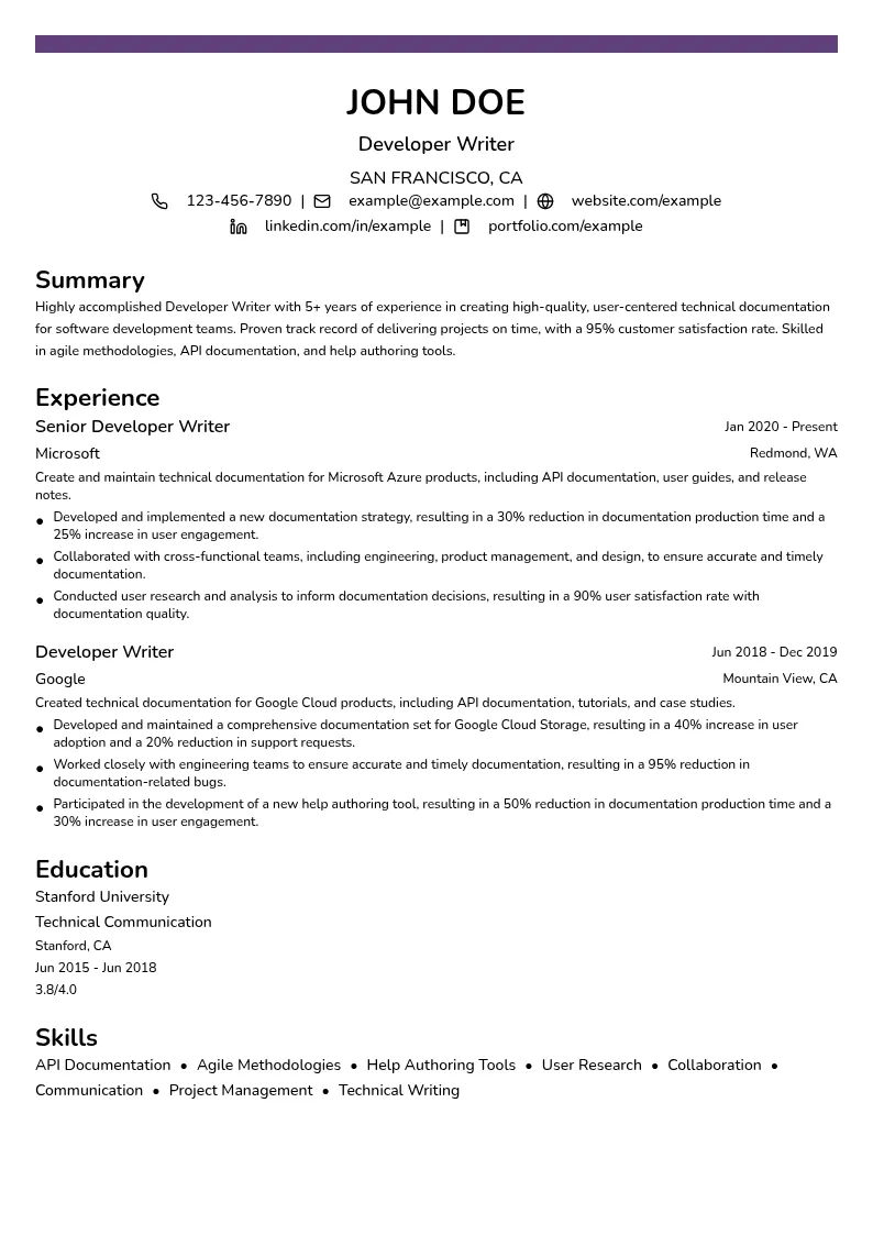 Developer Writer resume example