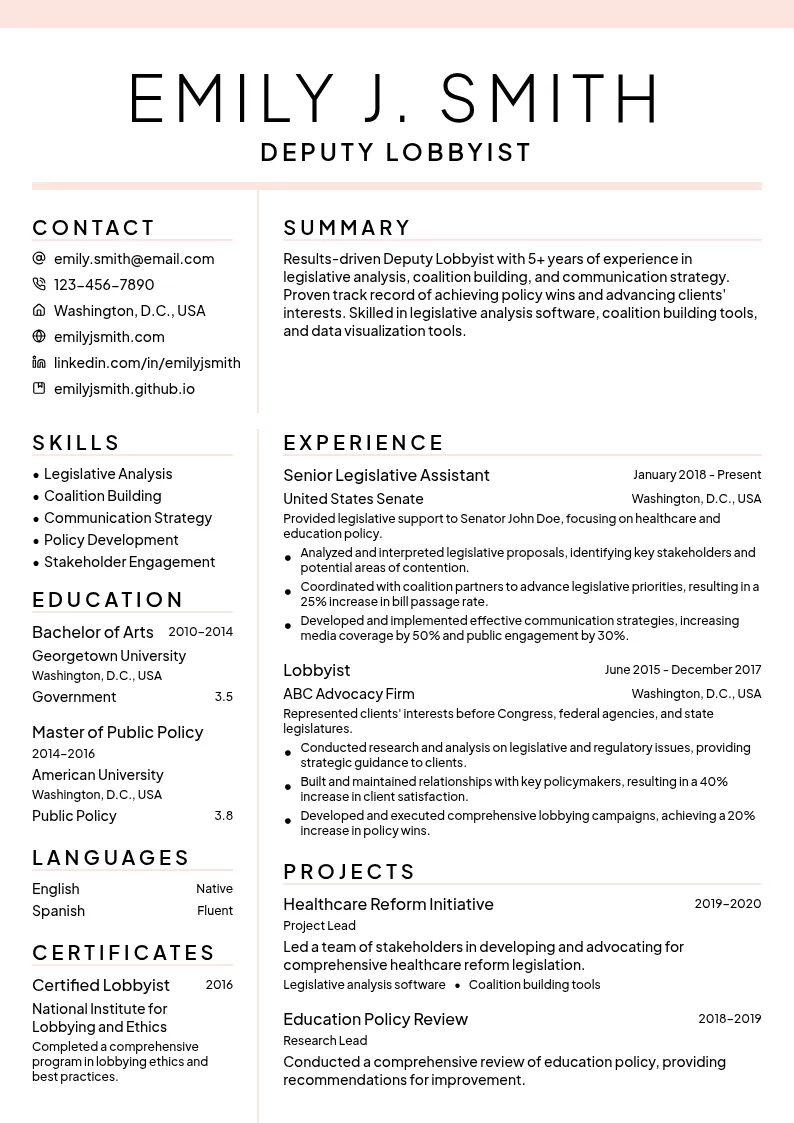 Deputy Lobbyist resume example
