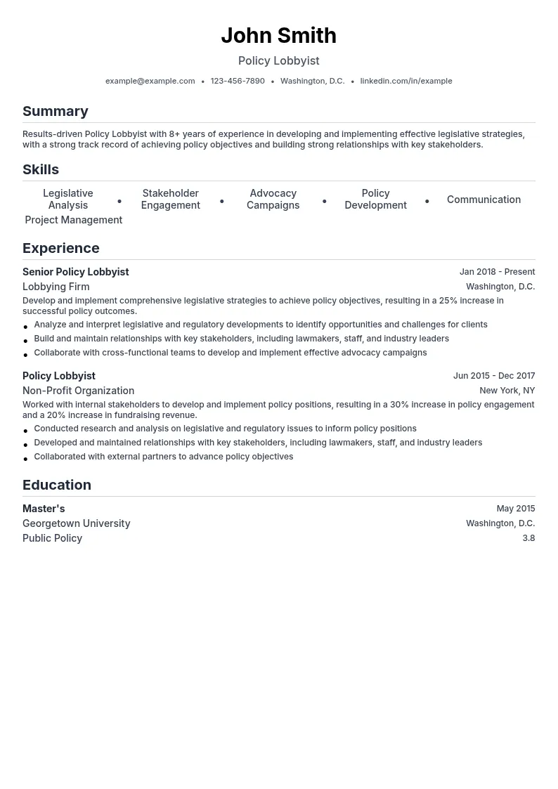 Policy Lobbyist resume example