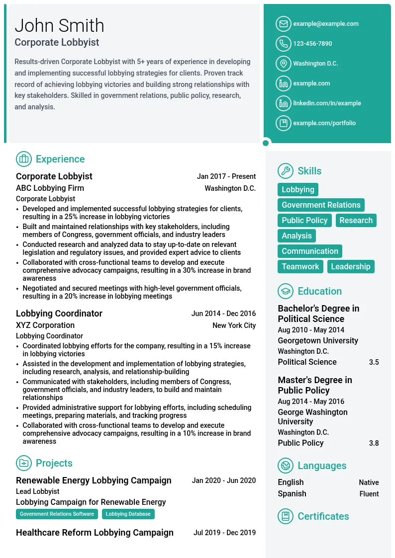 Corporate Lobbyist resume example