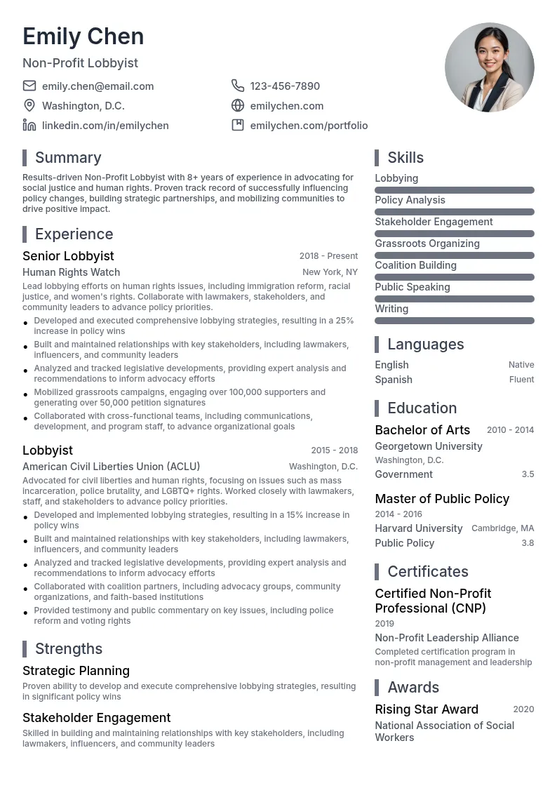 Non-Profit Lobbyist resume example