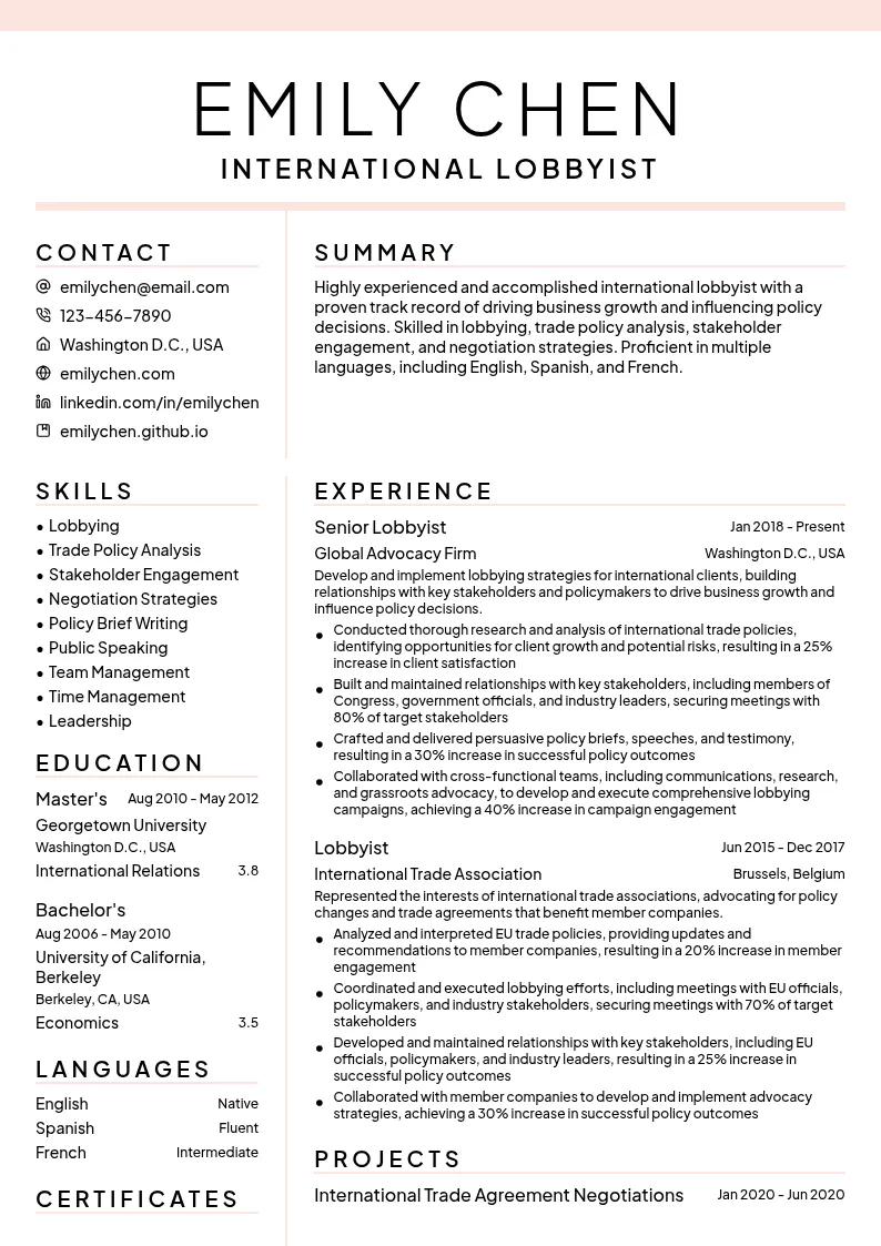 International Lobbyist resume example