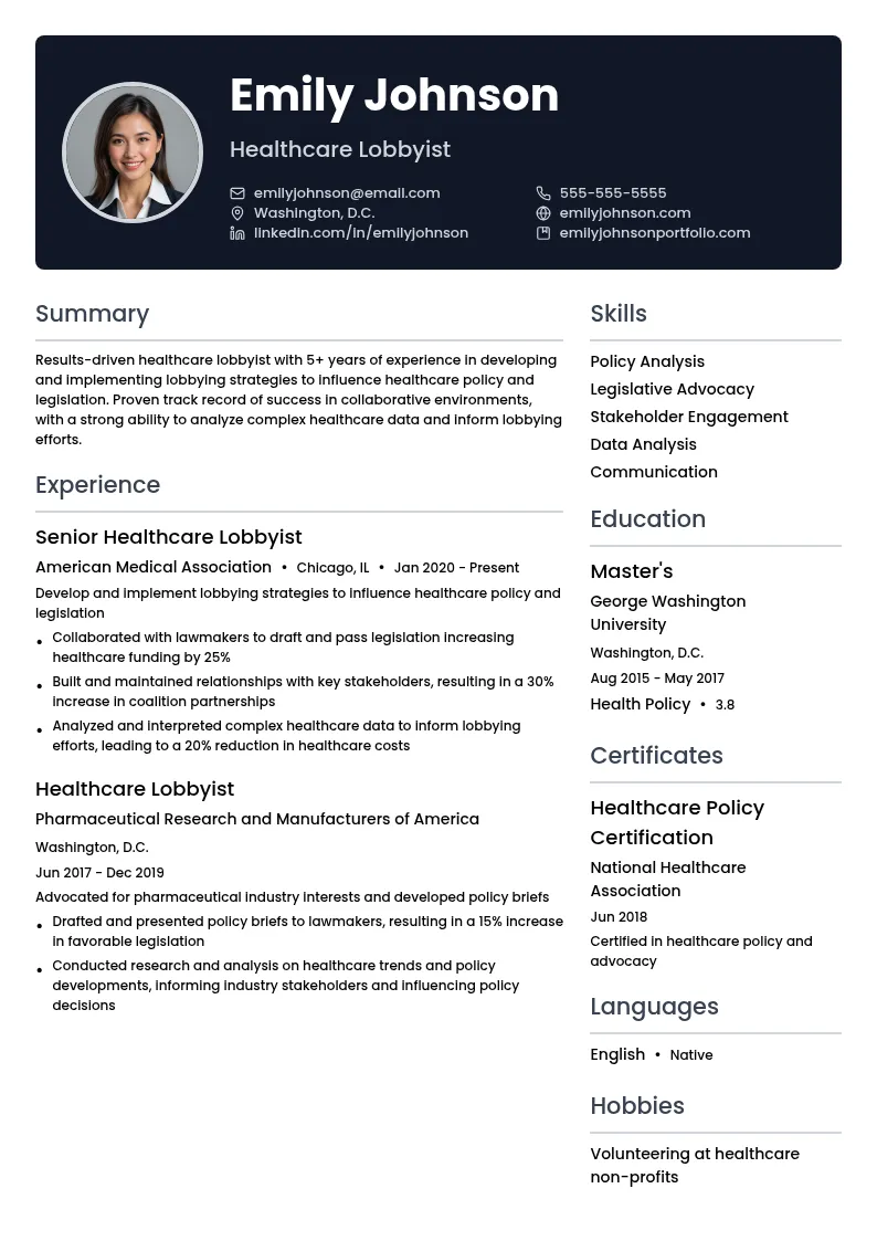 Healthcare Lobbyist resume example