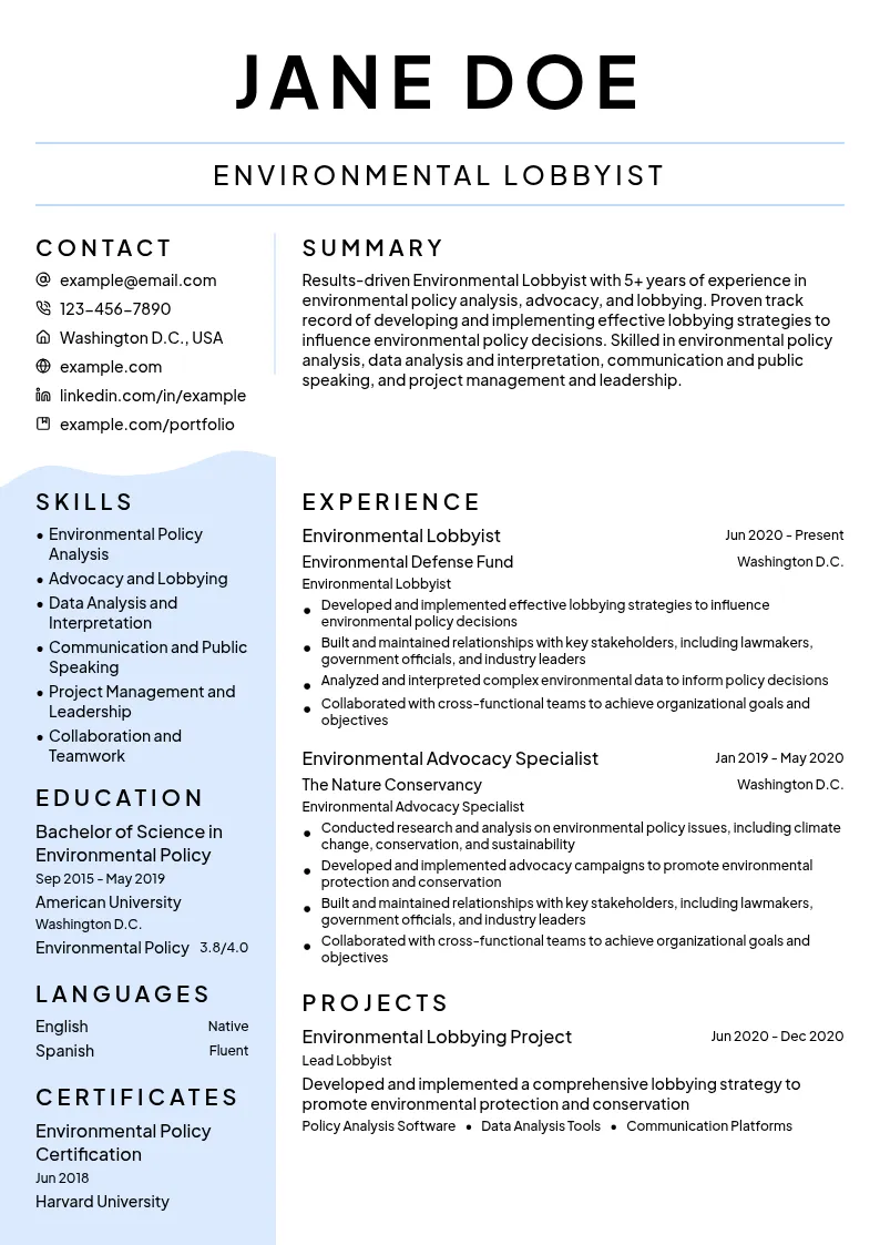 Environmental Lobbyist resume example