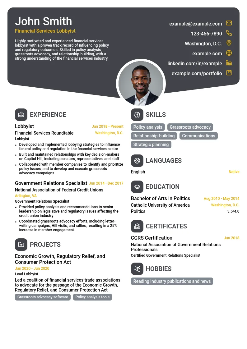 Financial Services Lobbyist resume example