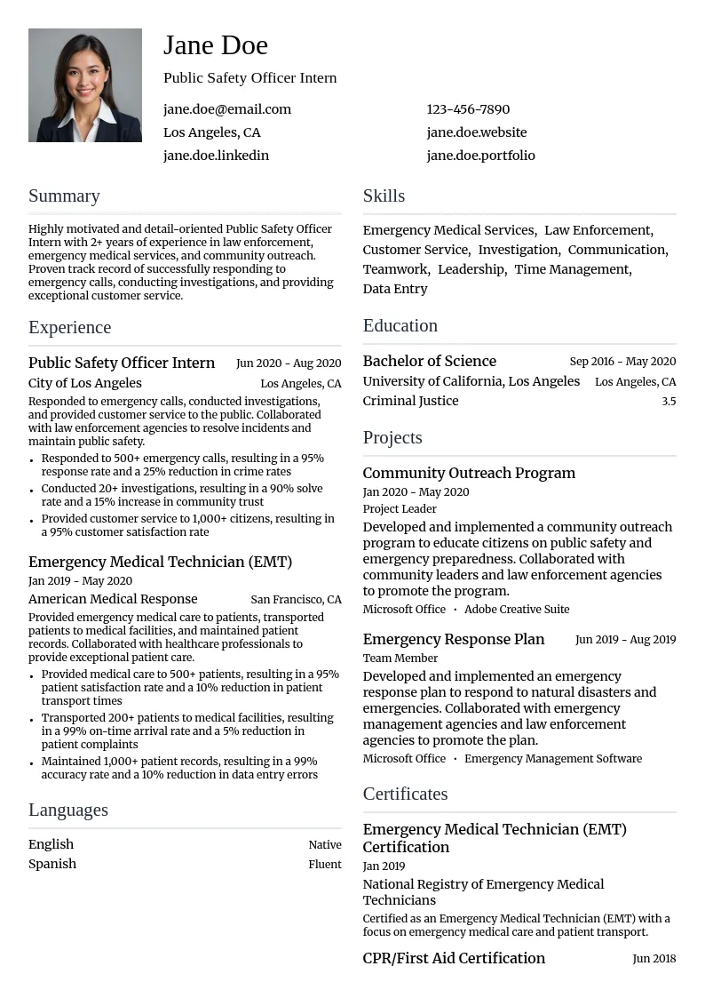 Public Safety Officer Intern resume example