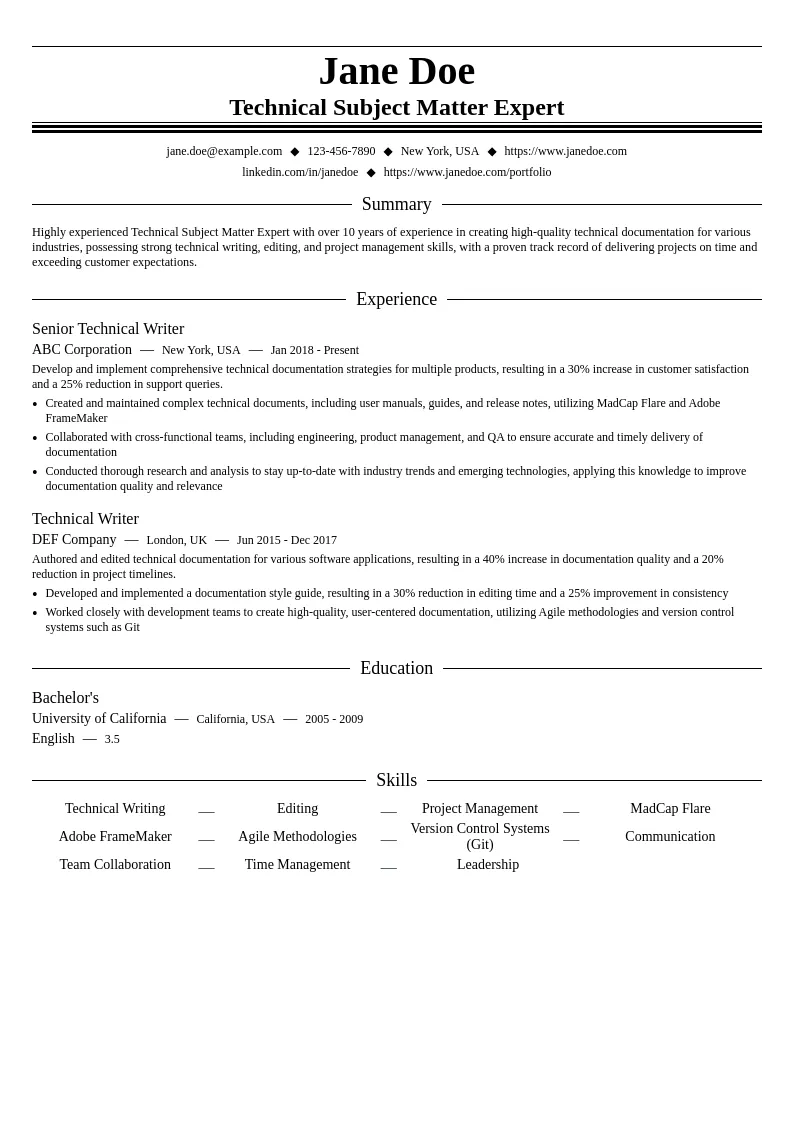 Technical Subject Matter Expert resume example