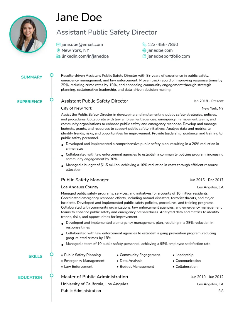 Assistant Public Safety Director resume example