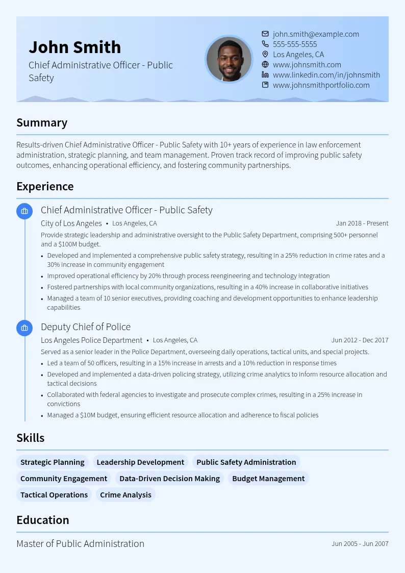 Chief Administrative Officer - Public Safety resume example