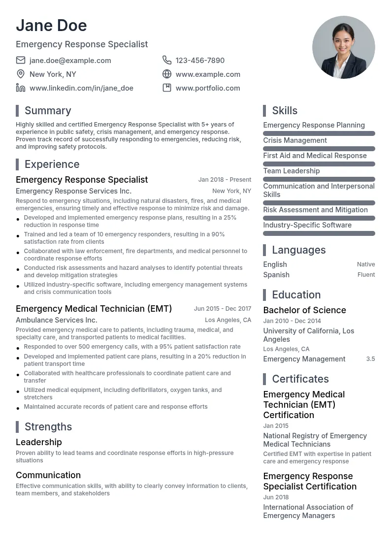 Emergency Response Specialist resume example