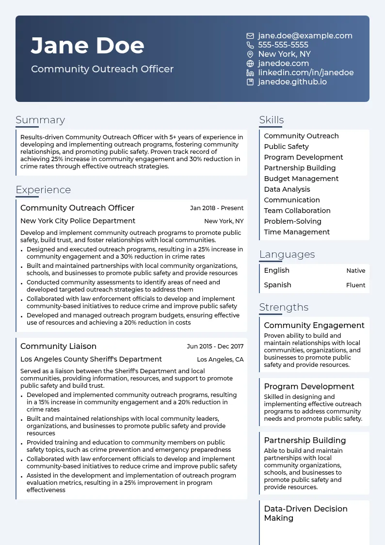 Community Outreach Officer resume example