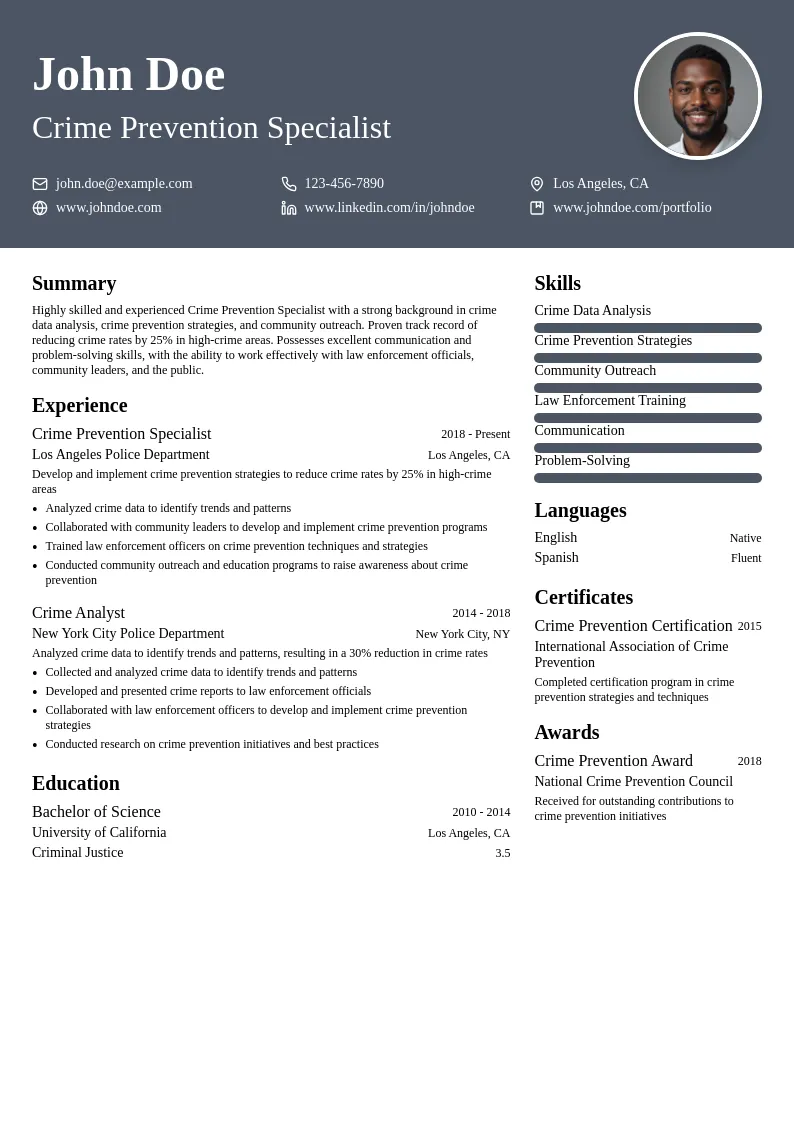 Crime Prevention Specialist resume example
