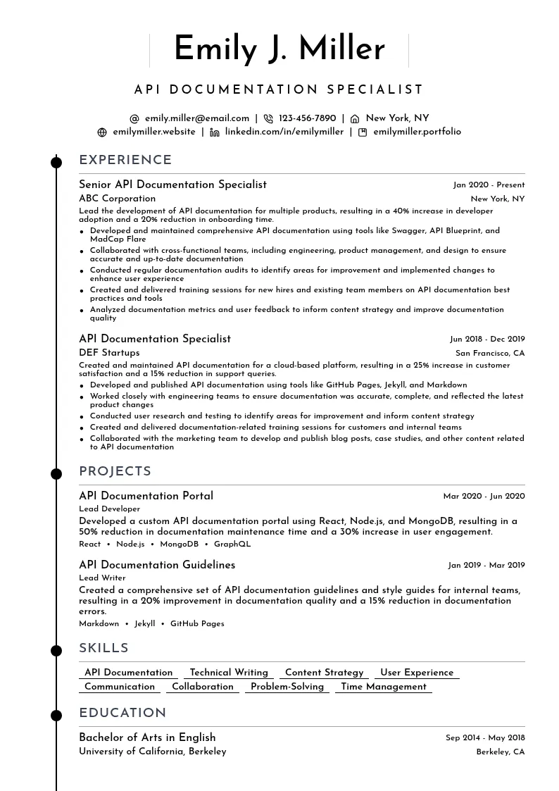 API Documentation Specialist resume example
