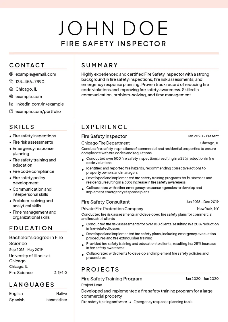 Fire Safety Inspector resume example