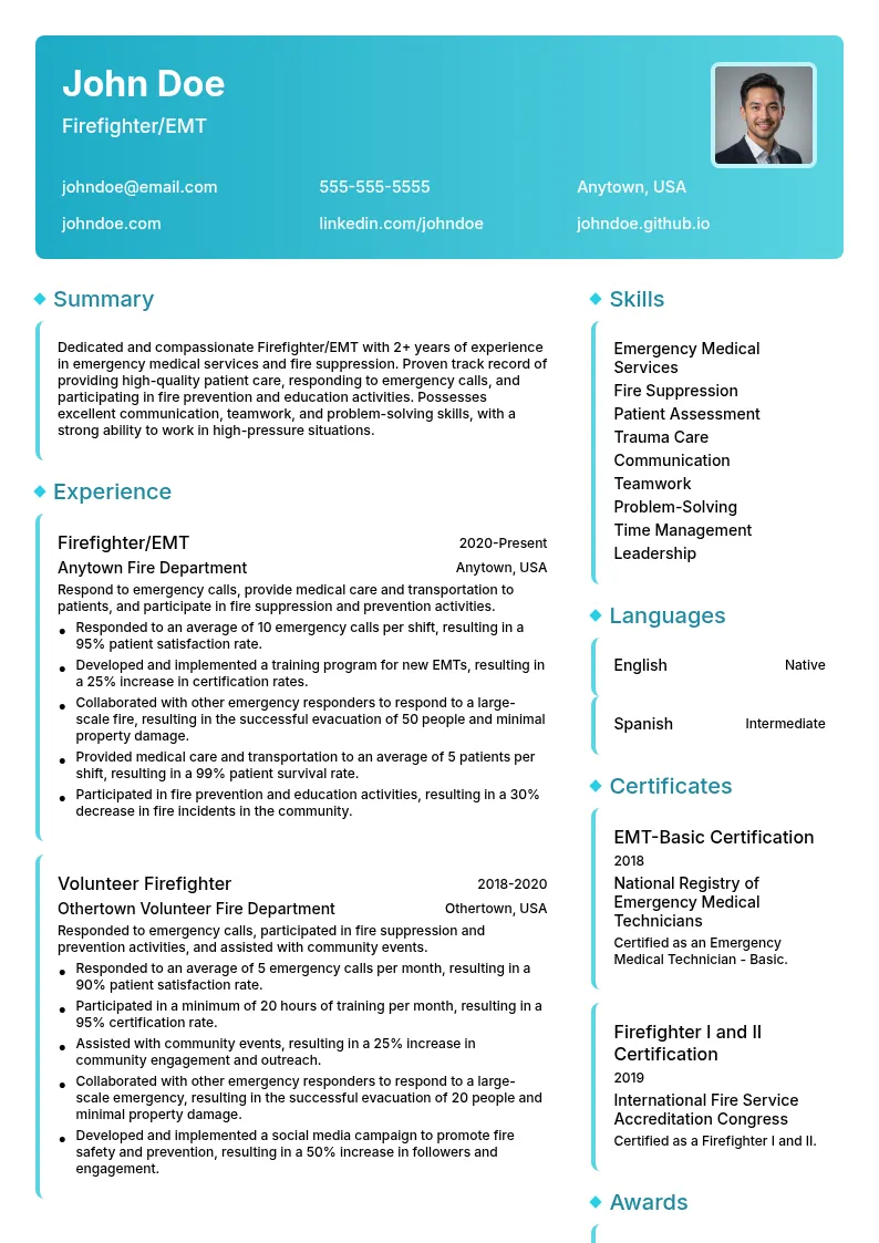 Firefighter/Emergency Medical Technician (EMT) resume example