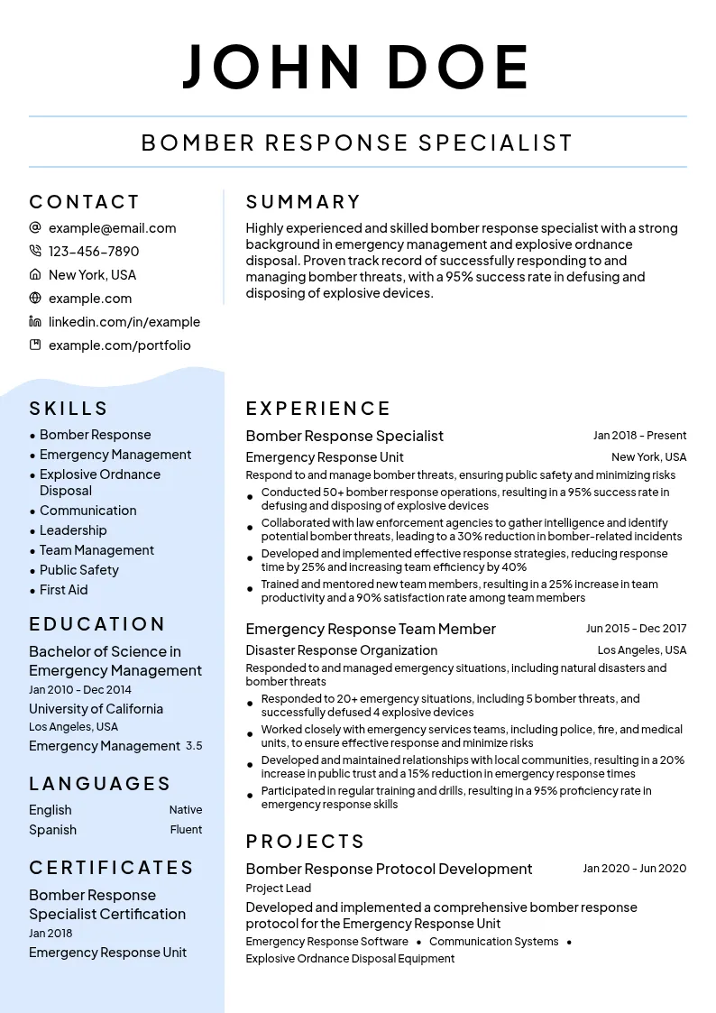 Bomber Response Specialist resume example