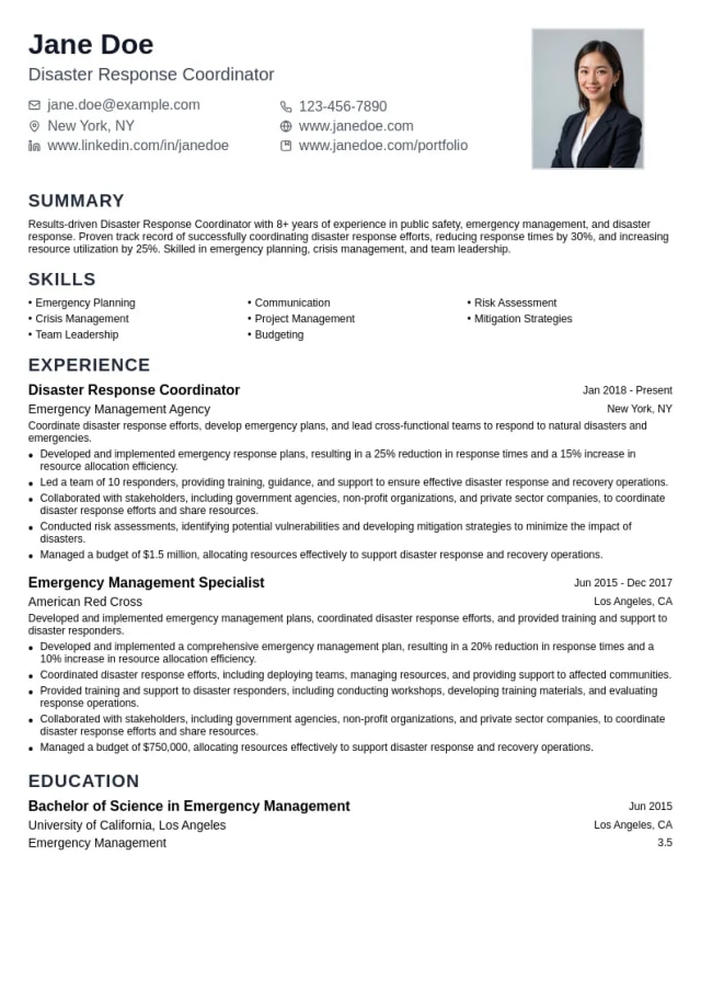 Disaster Response Coordinator resume example