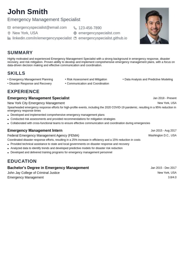 Emergency Management Specialist resume example