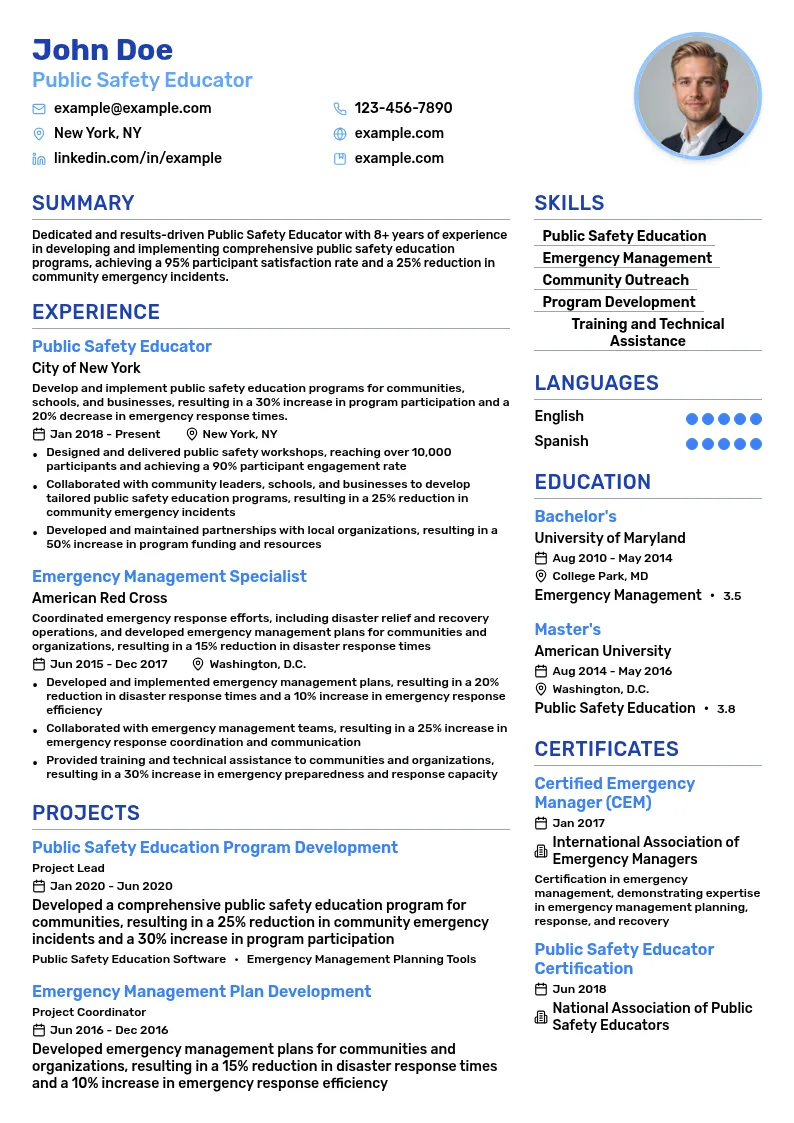 Public Safety Educator resume example