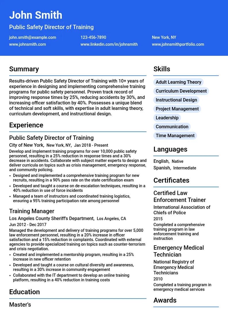 Public Safety Director of Training resume example