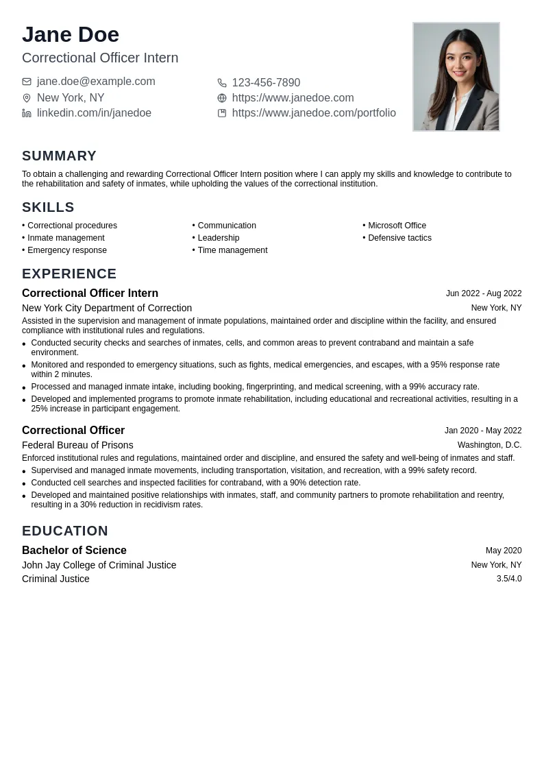 Correctional Officer Intern resume example
