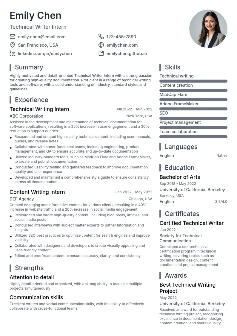 Technical Writer Intern resume example