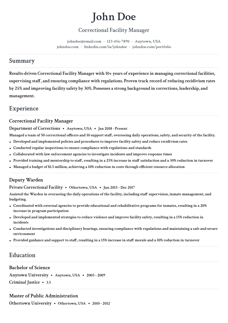 Correctional Facility Manager resume example